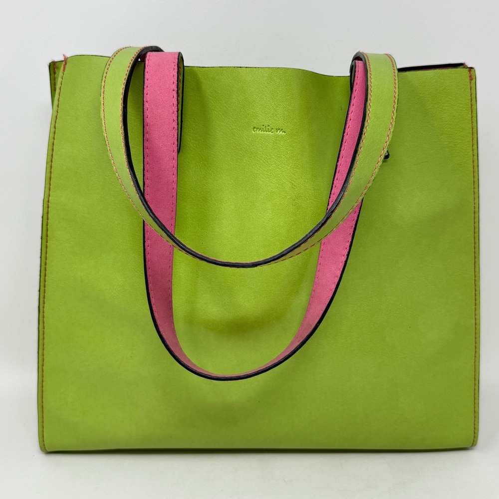 Lime Green Pink Tote Purse Bag Emilie M Vegan Leather Bright Colorful READ